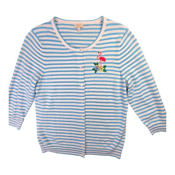 Talbots Sweaters - Talbots Sweater Womens M P Cardigan Blue Stripe Flamingo Embroidered Nautical